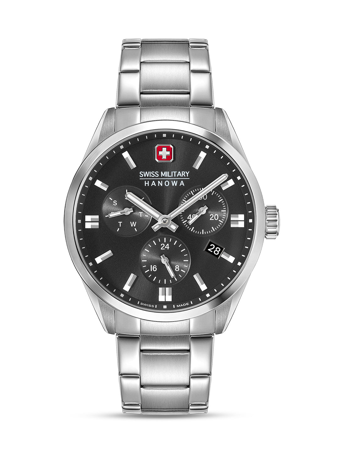 SMWGK0005601 Swiss Made Men's Multifunction Watch with Black Dial & Silver Stainless Steel Bracelet