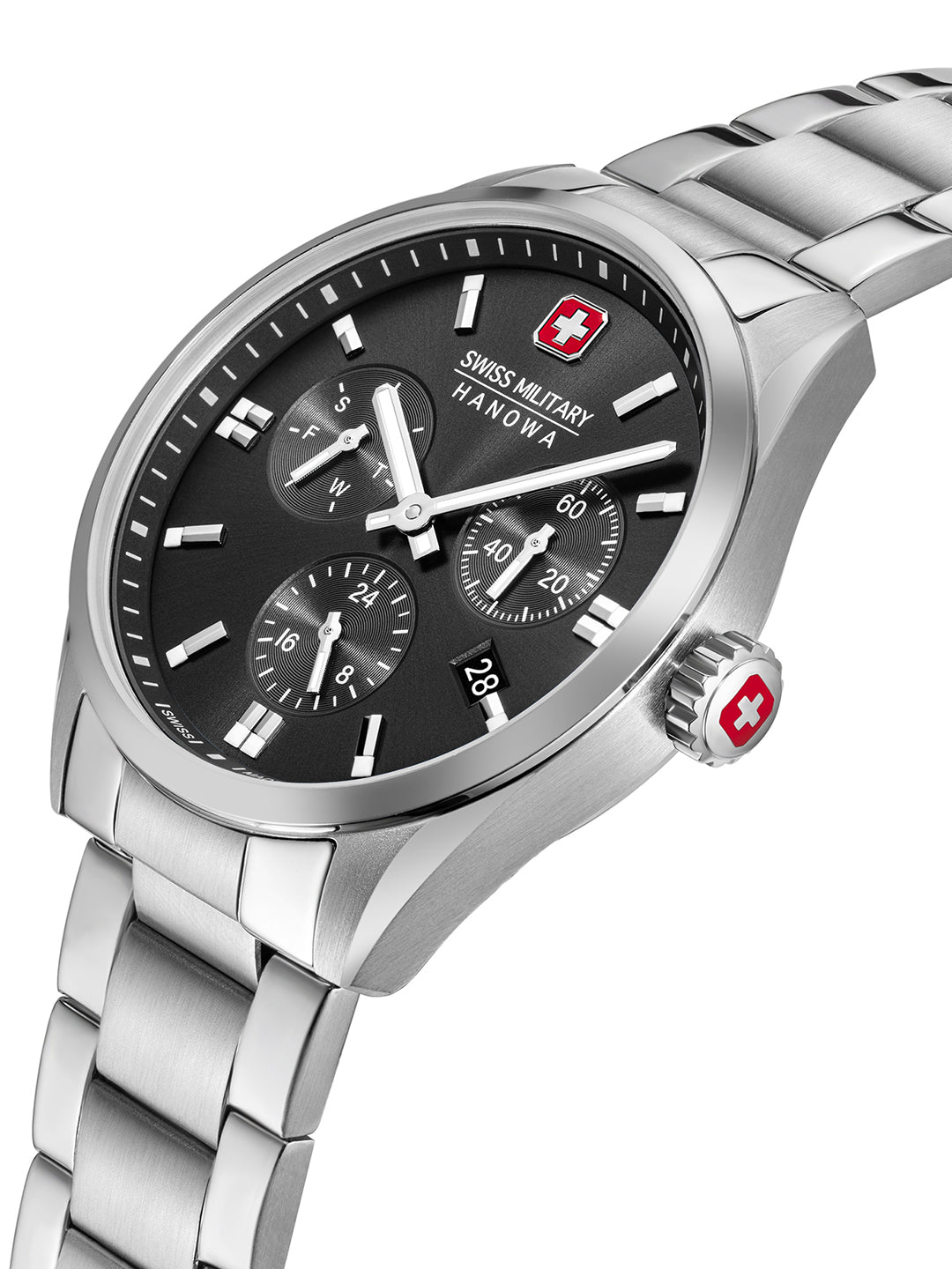 SMWGK0005601 Swiss Made Men's Multifunction Watch with Black Dial & Silver Stainless Steel Bracelet