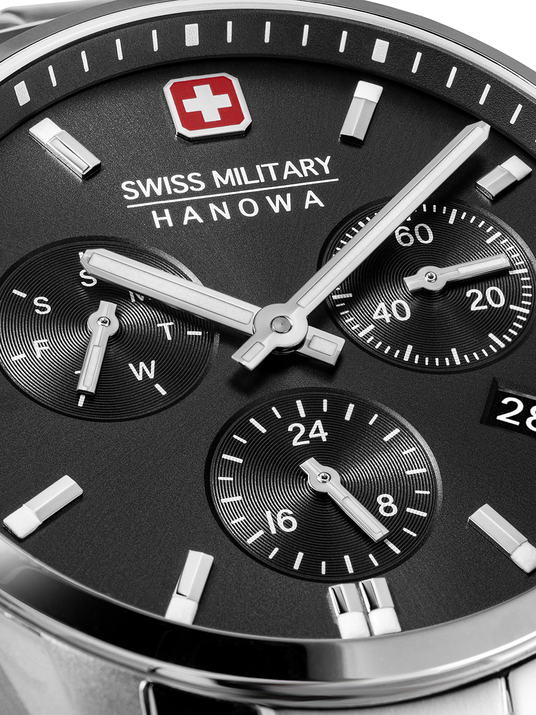 SMWGK0005601 Swiss Made Men's Multifunction Watch with Black Dial & Silver Stainless Steel Bracelet