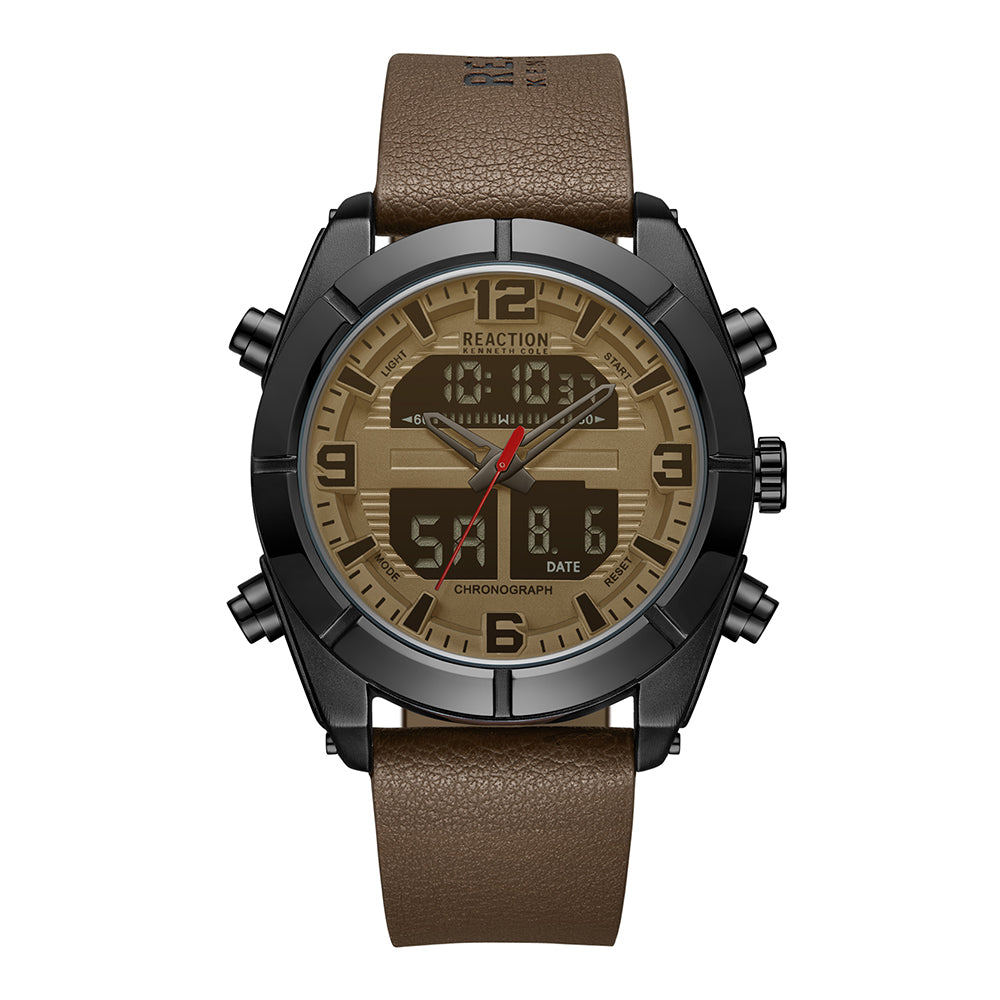 Kenneth Cole Reaction Analog Digital Brown Synthetic Leather Strap Sports Wear Watch for Men's - KRWGD9005502