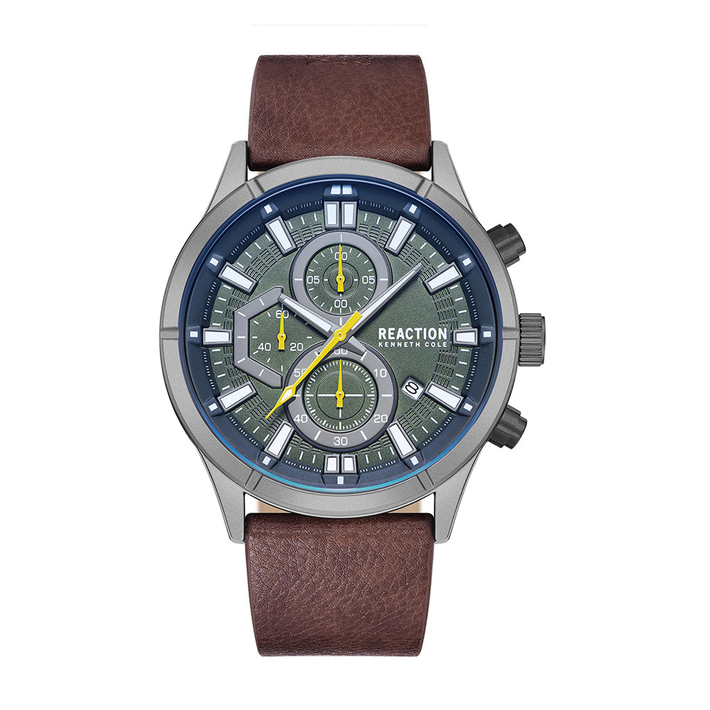 Kenneth Cole Reaction Chronograph Green Brown Synthetic Leather Strap Casual Watch for Men's - KRWGC9006805
