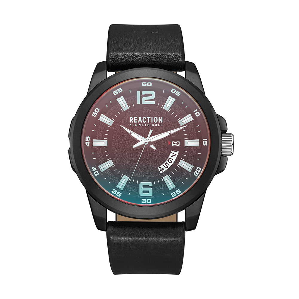 Kenneth Cole Reaction 3 Hands With Date Black Dial Black Synthetic Leather Strap Casual Watch for Men's - KRWGB9006103