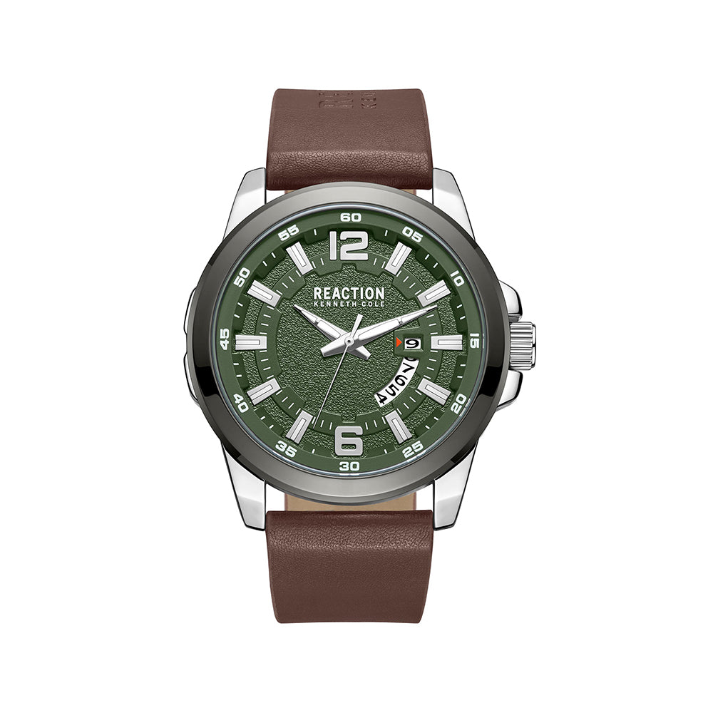 Kenneth Cole Reaction 3 Hands With Date Green Dial Brown Synthetic Leather Strap Casual Watch for Men's - KRWGB9006102